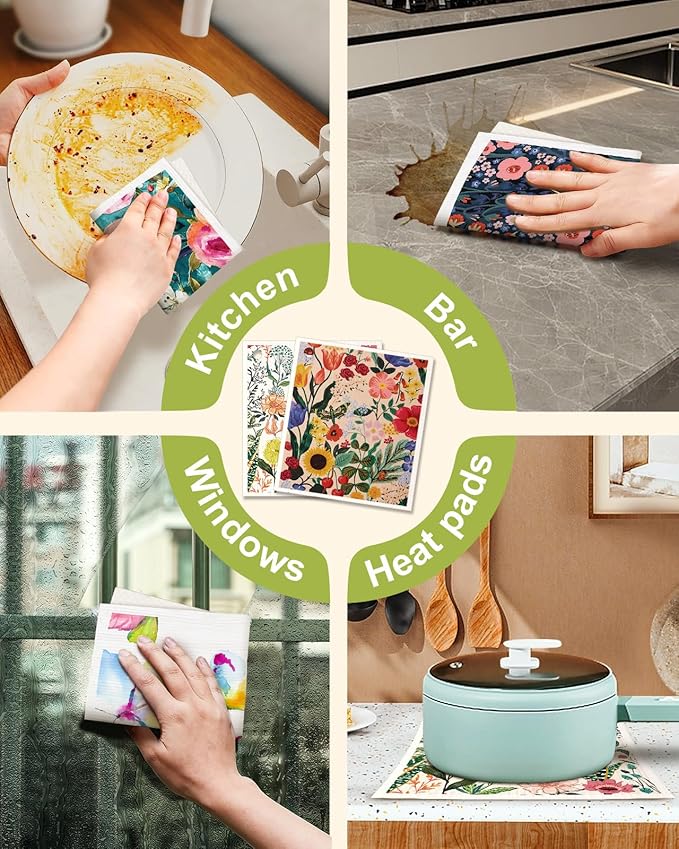 6 Pack Swedish Dishcloths for Kitchen - Reusable Dish Cloths for Washing Dishes Absorbent Cute Funny Kitchen Towels Cleaning Sponge, Floral Bird