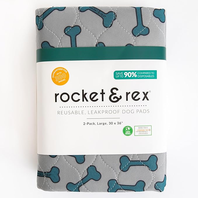 rocket & rex Premium Washable Pee Pads for Dogs, Waterproof & Reusable Puppy Pads for Potty Training, Whelping, Lining Crates & More, Guaranteed for up to 300 Washes, 30" x 36" (Pack of 2)
