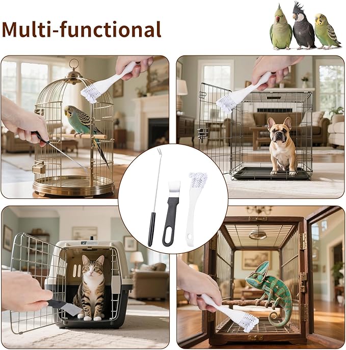 Bird Cage Cleaning Brush Tool Set, Bird Cage Cleaner Brush Kit, Bird Cage Cleaning Brush with Long Handle, Bird Cage Accessories,Poop Remover for Cleaning Poop in Pet Cages,Parrot Cages & Bird Perches