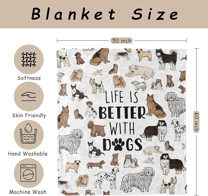 HIWX Dog Blanket, Dogs Blankets, Dog Lover Mom Gifts for Women Owner Lovers, Puppy Mom Blanket, Puppy Throw Blankets, Life is Better with Dogs Themed Throw Blanket for Bed Couch, 50x60 Inches