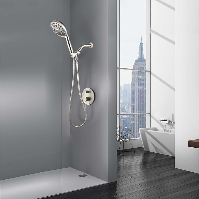 High Pressure Handheld Shower Head, 10-Setting Showerhead, 4.7”Detachable Showerhead Set with 5ft Hose, Adjustable Bracket and Built-in Power Wash to Clean Tub, Tile & Pets - Brush Nickel