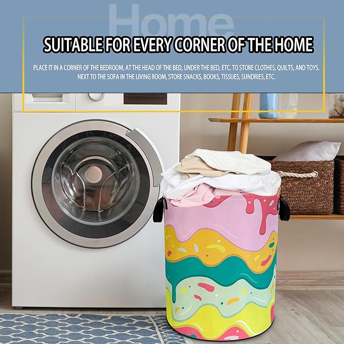 Ice Cream Laundry Basket Desserts Cartoon Pattern Foldable Oxford Cloth Funny Tote Bag Laundry Hamper Clothes Storage Bucket Toy Organizer For Bathroom/Laundry Storage/Bedroom18.9x16.5 In