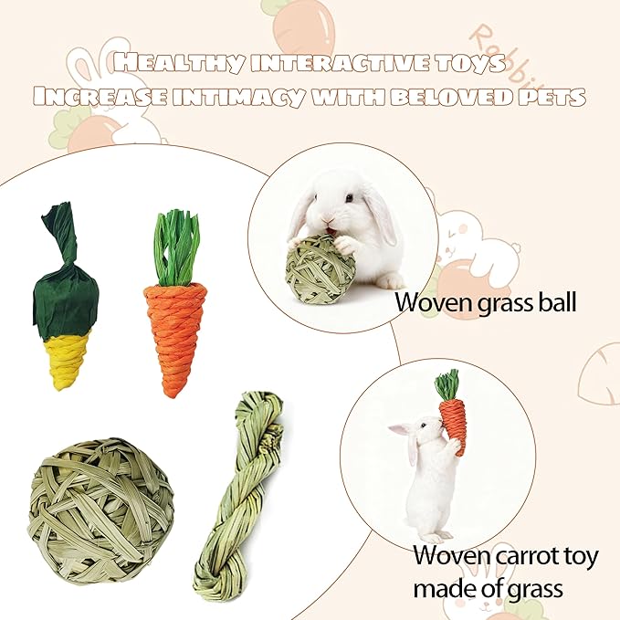 20PCS Bunny Chew Toys for Rabbits Teeth & a Rabbit Hay Feeder Bag, Natural Rabbit Toys & Guinea Pig Boredom Enrichment, Suitable for Bunny Hamster Guinea Pig Ferret Kitten