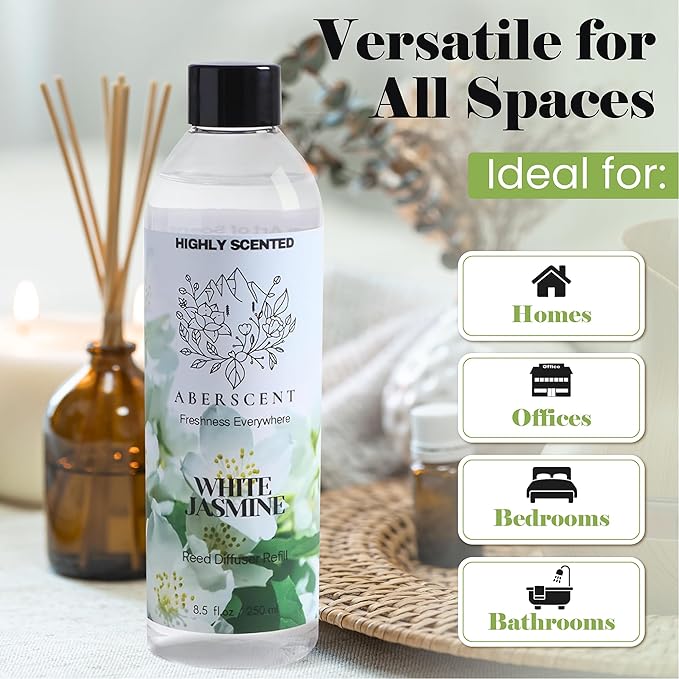White Jasmine Aberscent Premium Reed Diffuser Oil Refill (8.5 Fl Oz/250ml) – Long-Lasting Fragrance Oil for Home, Office & Spa – Relaxing Scent, Luxury Hotel-Style Aroma