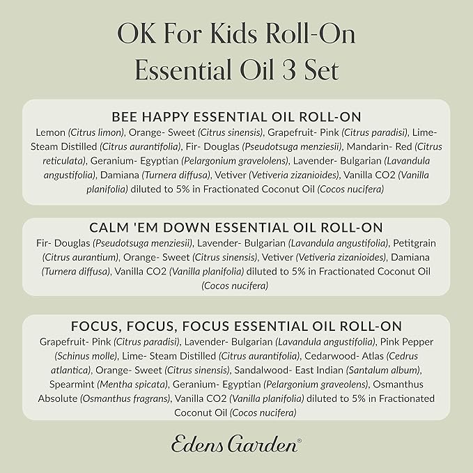 Edens Garden OK For Kids Essential Oil Roll-On 3 Set – 100% Pure Therapeutic Grade, Natural Aromatherapy Blends – Gentle & Pre-Diluted, Includes Bee Happy, Calm 'Em Down & Focus, 10 ml Roll-On/ 3 Pack