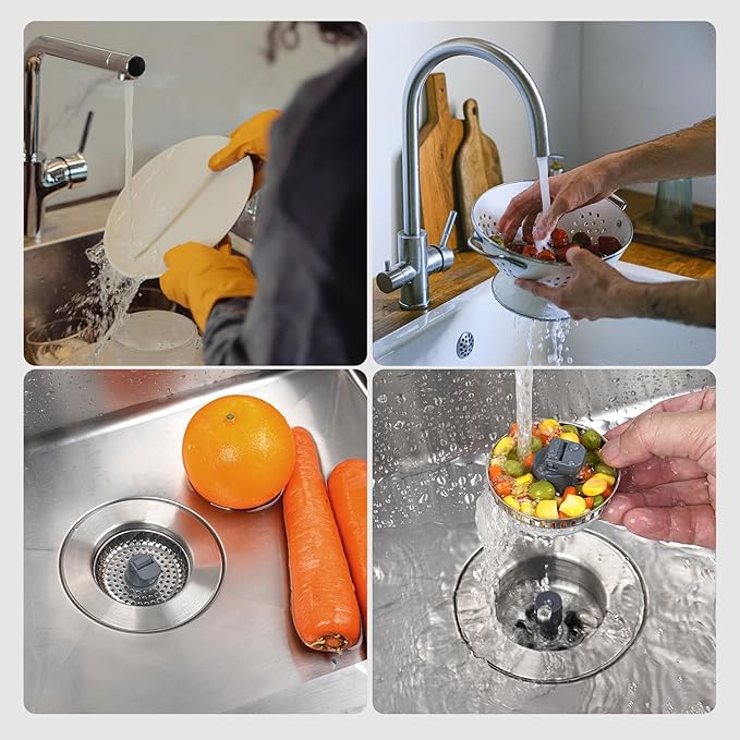 Hibbent 3 in 1 Kitchen Sink Drain Strainer, Stainless Steel Wrapped Shell Drain Stopper Combo, Pop Up Sink Stopper, 3 Anti-Clogging Metal Basket Strainer with Handle for US Standard 3-1/2" Drain