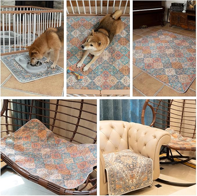 nunubaby Washable Pee Pads for Dogs, Stylish, Non-Slip and Leak-Proof Pee Pads. Reusable Potty Pads for Dogs for Crates and Floors.(Blue/Multi, 54" x54" )