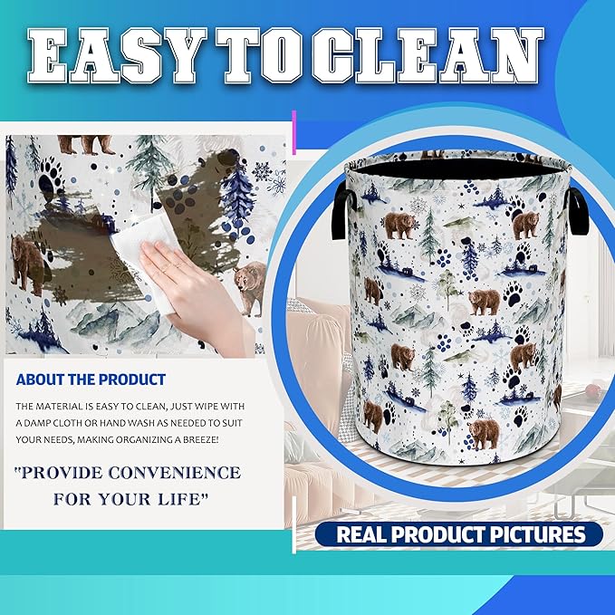 Bear Laundry Basket Oxford Cloth Bear Paw Forest Animal Laundry Hamper With Handle Foldable Portable Clothes Storage Basket 18.9 X 16.5 Inch Storage Bag For Laundry Room/Bathroom/Bedroom/Dormitories