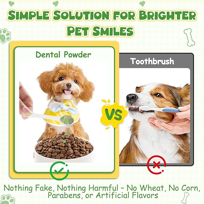 Dog Teeth Cleaning Powder, Dog Dental Powder and Cats Breath Freshener, Plaque Off, Bad Breath & Tartar Remover for Dogs, Dog Teeth Cleaning with Enzymes- 60-Day Supply -Mint Flavor
