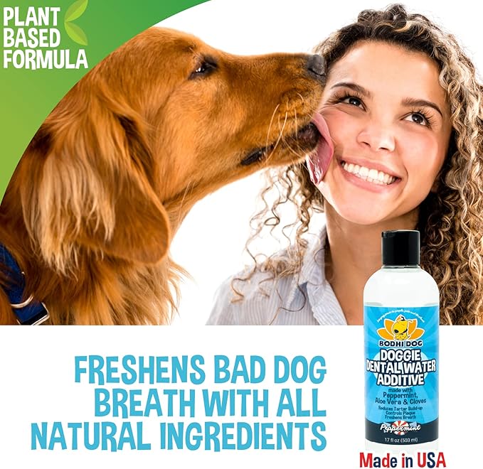 Bodhi Dog Peppermint Dental Dog Water Additive - Dental Water Additive for Dogs & Pets - Teeth, Breath & Healthy Gums - Freshens Breath & Reduces Tartar Build Up - Oral Care Cleaner- Made in USA, 17oz
