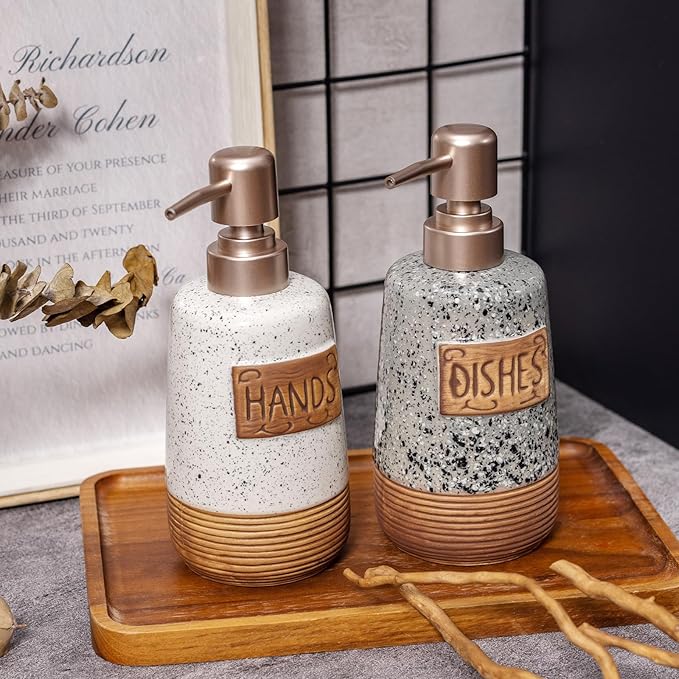 Hand and Dish Soap Dispenser Set, Farmhouse Ceramic Soap Dispenser for Kitchen Sink, 15 OZ Vintage Hand Wash Liquid Dispenser for Bathroom Farmhouse Modern Kitchen Decor Accessories
