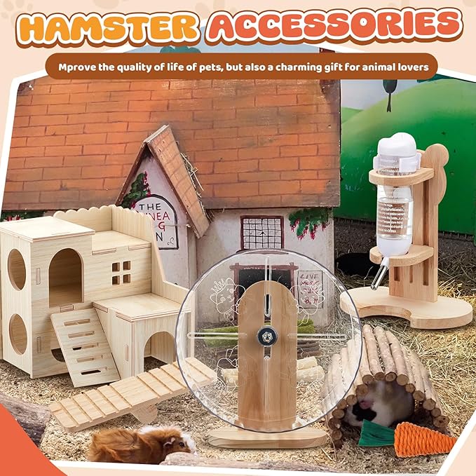18 Pcs Hamster Cage Accessories, Silent Hamster Wheel, 15 Chew Toys Set, Maze Wood House and Water Bottle Set for Rat Mice Small Animals Habitat (Fun Interactive Style)