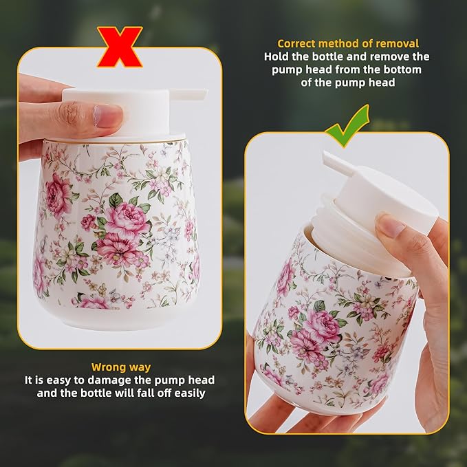 Soap Dispenser, Ceramic Foaming Soap Dispenser with Easy-to-Press Pump for Bathroom (Flowers Foam Dispenser)