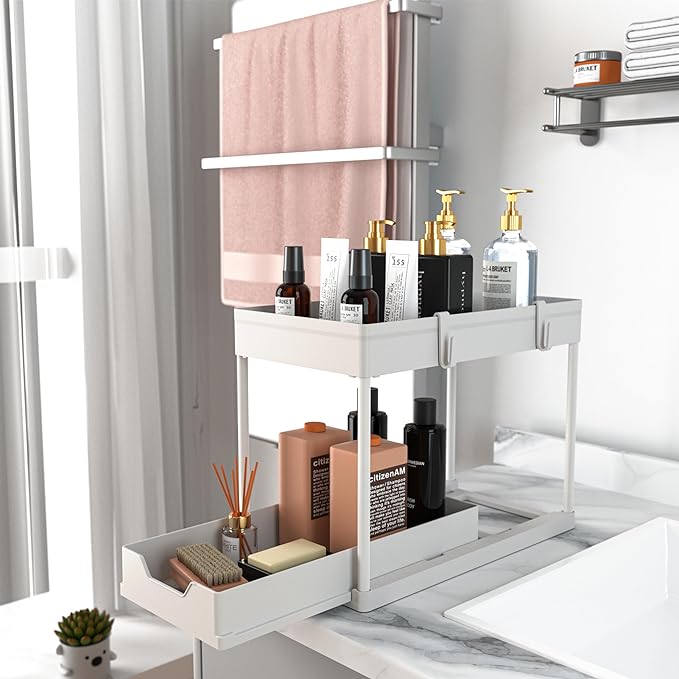 2 Pack Under Sink Organizer, 2 Tier Bathroom Cabinet Organizer with Sliding Basket, Multi-Purpose Under Sink Organizers and Storage for Bathroom Kitchen (White 2 Pack)