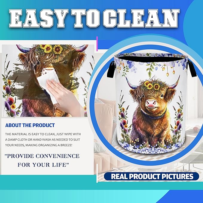 Highland Cow Laundry Basket Oxford Cloth Cattle Flowers Laundry Hamper With Handle Foldable Portable Clothes Storage Basket 18.9 X 16.5 Inch Storage Bag For Laundry Room/Bathroom/Bedroom/Dormitories