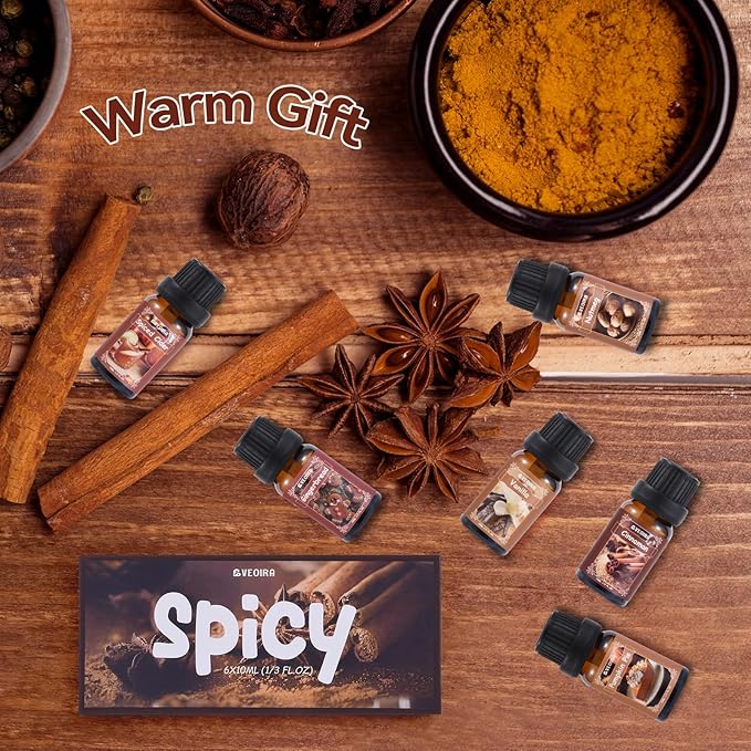 Spice Fragrance Oils Set, AVEOIRA Fall Essential Oil Set for Diffuser, Candle, Soap Making, Nutmeg, Pumpkin Spice, Vanilla, Cinnamon, Spiced Cider, Gingerbread, Scented Oils, 6x10ml