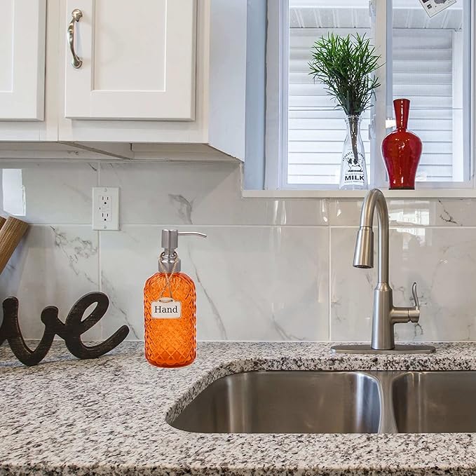 16 oz Diamond Pattern Glass Soap Dispenser, Kitchen and Bathroom Refillable Soap Dispenser with Rust Resistant Stainless Steel Pump for Hand Soap, Lotion Glass Liquid Dispenser (Orange)