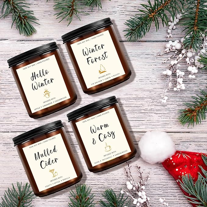 Christmas Scented Candle Gift Set for Women – 4 Pack Winter Soy Candles with Apple Cinnamon, Fir Balsam, Mulled Cider, Sandalwood – Holiday Gifts for Her, Home Décor