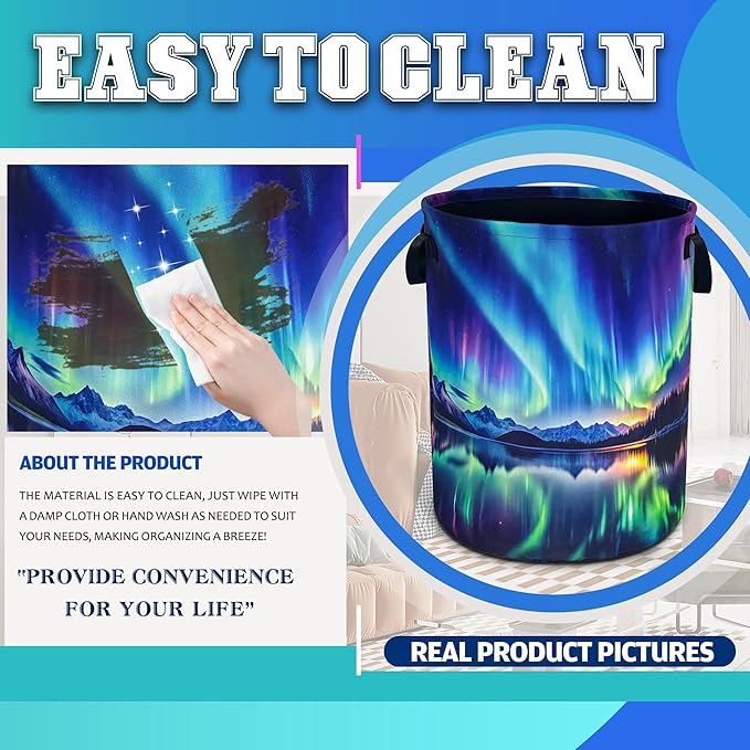 Aurora Laundry Basket Oxford Cloth Northern Lights Laundry Hamper With Handle Foldable Portable Clothes Storage Basket 18.9 X 16.5 In Storage Bag For Laundry Room/Bathroom/Bedroom/Dormitories