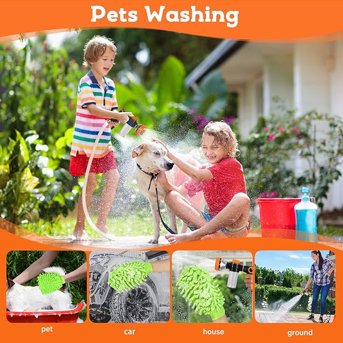 Kamirola Upgrade Dog Washing Hose Attachment,Dog Wash Supplies with 2 type Dog Bath Brush, Dog Comb and Toothbursh, 8 Way Spray Pattern Garden Hose Nozzle with Soap Dispenser, Car Washing Mitt