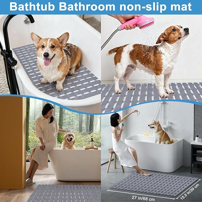 Bath Tub Shower Mat, Pet Dog Bathing Non-Slip Mat, Dog Bath mat for tub, 27.5x15.7 Inch Quick Drain Bathtub Mat with Suction Cups & Drain Holes for Bathroom (Mars Green)