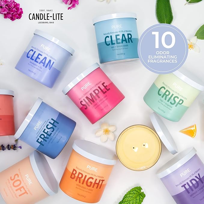 Candle-Lite Pure Eucalyptus & Lily Odor Eliminating Scented Candles, Neofresh Technology Eliminates 99.9% of Odors, 16 oz 2-Wick Jar, Proudly Poured in The USA, Up to 60 Hours Burn Time