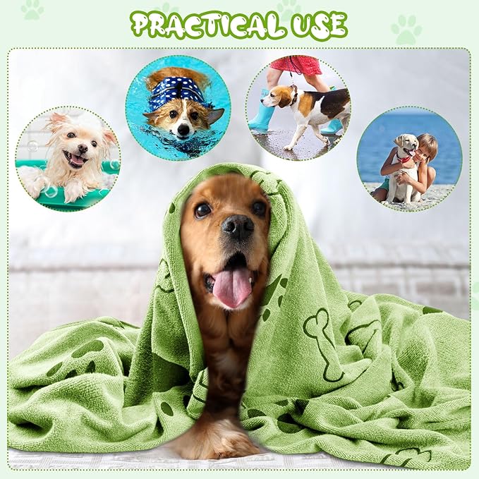Tatuo 12 Pcs Dog Grooming Towels 28 x 55 Inch Microfiber Drying Pet Bath Towels Dog Absorbent Towel Quick Drying Puppy Bathing Supplies for Small Medium Large Puppy Cat(Green,Paw, Bone)