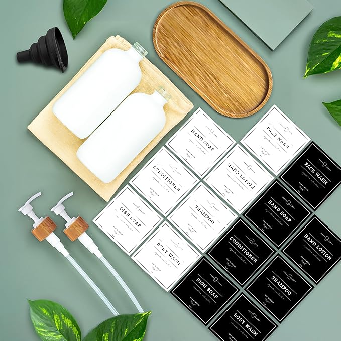 Vine Creations White Glass Soap Dispenser Set - Kitchen Soap Dispenser Set with Tray - Bamboo Dish Soap and Hand Soap Dispensers Set for Bathroom - White Kitchen Decor with Waterproof Labels