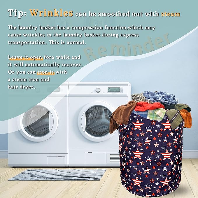 American Flag Laundry Basket Foldable With Handles US Flag With Stars Tote Bag Oxford Cloth Laundry Hamper Clothes Storage Bucket Toy Organizer 18.9"x16.5" For Bathroom/Laundry/Bedroom