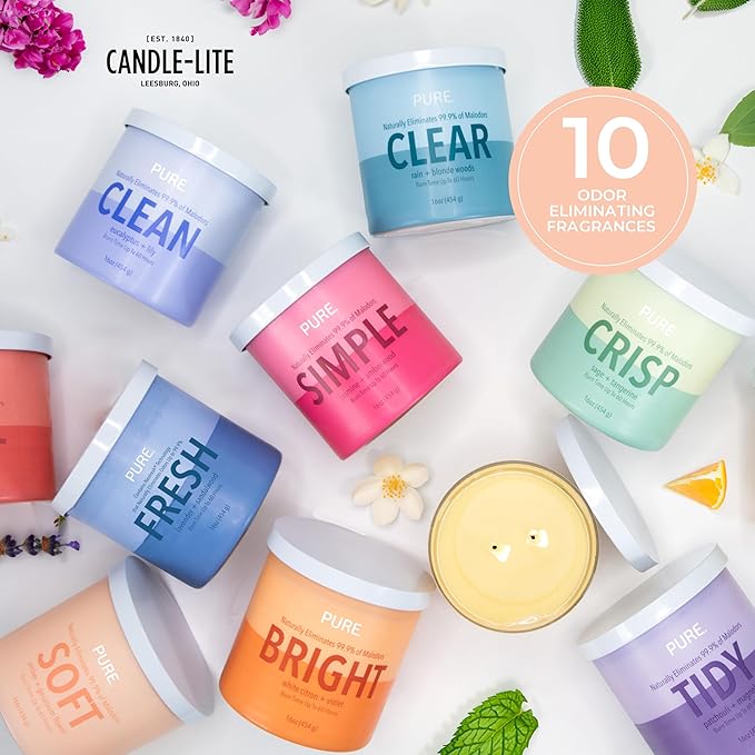 Candle-Lite Pure Amber & Geranium Flower Odor Eliminating Scented Candles, Neofresh Technology Eliminates 99.9% of Odors, 16 oz 2-Wick Jar, Proudly Poured in The USA, Up to 60 Hours Burn Time