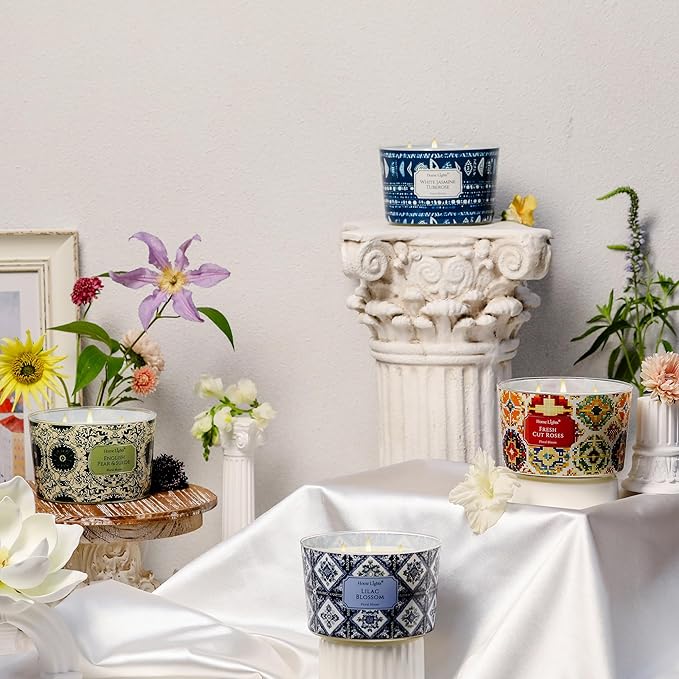 HomeLights 4-Wick Candles for Home Scented - 18oz Soy Wax Blend Candle Long-Lasting Fragrance, Bohemian Natural Textures Home Decor and Housewarming Gifts, Fresh Cut Roses