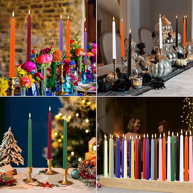 24 Pack 10" Tall Colored Taper Candles, Dripless Unscented Colorful Candlesticks for Birthdays Dinner Party Home Décor, Long Burning Spell Chime Candles for Meditation.