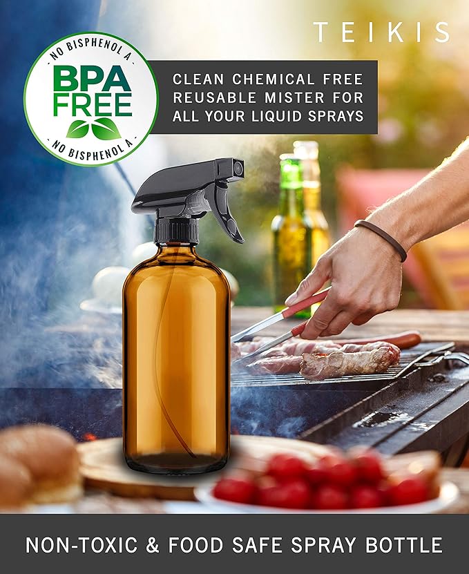 2 Pack Amber Glass Spray Bottles - 16 oz Mist & Stream Sprayer - Heavy Duty Brown Boston Round Bottle - Refillable Empty Containers for Essential Oils, Aromatherapy, Hair, Kitchen & Cleaning Solutions