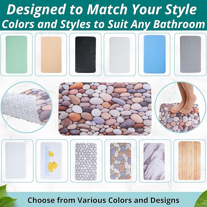 ENKOSI Non Slip Bath Mat for Tub and Shower Floors – Anti Slip Shower Mat with Strong Secure Grip – Unique Pebble Stone Print Bathroom Mat for Inside Bathtub and Smooth Stalls (28x16 Pebble Stone)