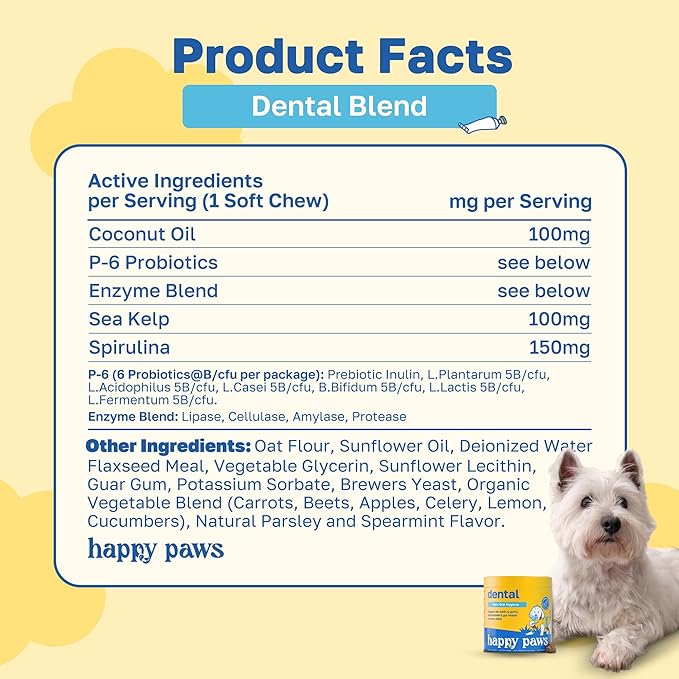 Happy Paws Dental Supplement, Dog Breath Freshener & Teeth Cleaning Treats, Oral Care Support for All Breeds, Sizes & Ages, Natural Spearmint Flavor, Organic, Non GMO, 200 Soft Chews