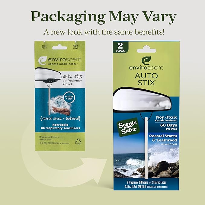 Enviroscent Non-Toxic Car Air Freshener (Coastal Storm & Teakwood) Natural Car Air Freshener | Essential Oil Diffuser | Car Scent Lasting Over 180 Days | 3 Packs of 2 Hanging Auto Stix