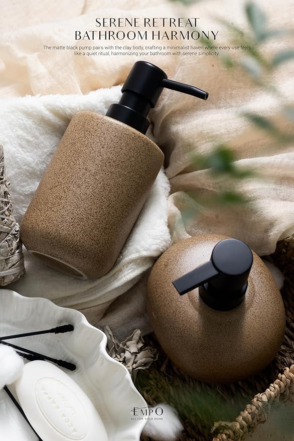 EMPO Stone-Textured Vintage Ceramic Dispenser, High-Color Rough Modern Zen Black ABS Press Bottle for Hand Soap, Shampoo, Conditioner for Bathroom and Kitchen (350ml/11.83oz)