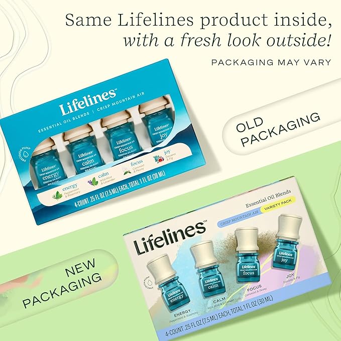 Lifelines Essential Oil Blends, 4-Pack - Blended Essential Oils with Precision Pump for Aromatherapy Diffusers - Long-Lasting Scented Fragrance - Crisp Mountain Air (Joy, Calm, Focus & Energy)