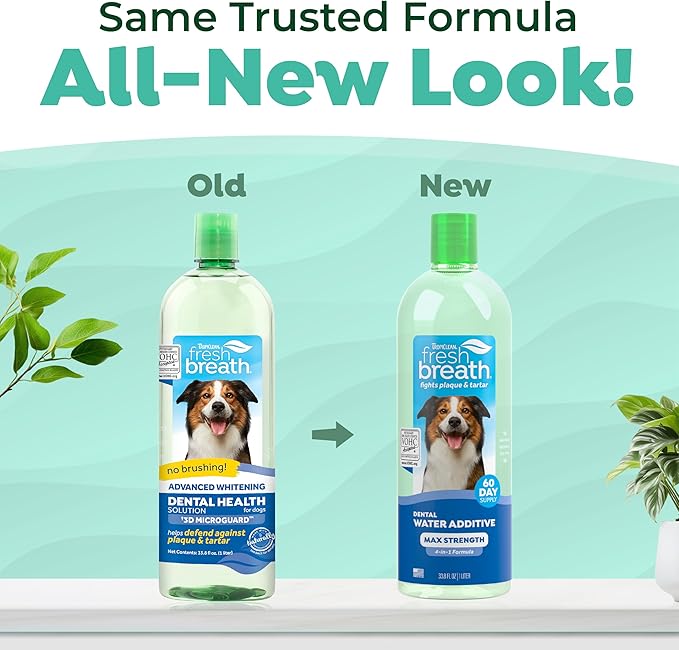 TropiClean Fresh Breath Advanced Whitening Water Additive for Dogs, Max Strength Dog Teeth Cleaning and Breath Freshener Solution, 33.8oz
