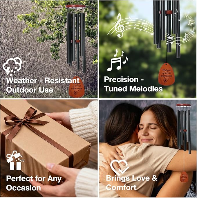 Inspirational Wind Chimes for Outside – Deep Tone Chimes with Wooden Sail | Outdoor Hanging Decor for Patio & Garden | Unique Designs, Healing Gift of Peace & Comfort (Black, 37 Inch)