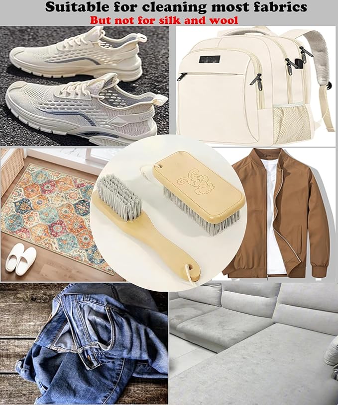 Scrub Cleaning Brush for Stains -Wood Handle Scrubbing Brushes,Cleaning Scrubber Brush for Fabric,Carpet,Clothes,Bathroom,Long Handle Cleaner Brush for Sneakers, Tennis, Canvas & More-2Pack