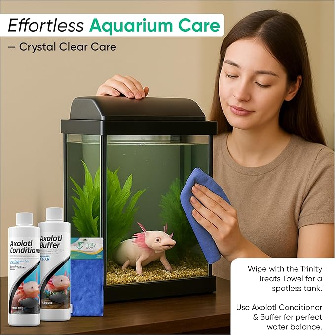 Axolotl Care Kit- Axolotl Conditioner 250ml & Buffer 250ml Including Trinity Treats Microfiber Cleaning Cloth, Axolotl Care Kit for Tank Supplies & Accessories for Healthy Water in Aquarium or Tank