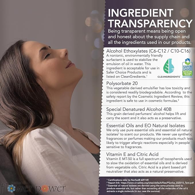 Natural Flower Power Air Freshener Spray - Odor Eliminator w/Essential Oils - Home, Car & Fabric - Cruelty Free & Vegan - Variety Pack - Lavender + Lemongrass + Peppermint & Lemon - 3 x 4 fl oz