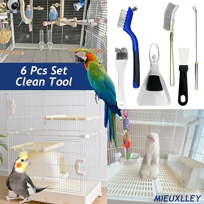 Upgrade 6PCS Cage Cleaner Set,2-in-1 Stainless Steel Pet Cage Brush,Bird Poop Remover,Scraper Tool with Long Handle,Small Animals House Cleaning Accessories,Mini Dustpan and Broom Set (6PCS)
