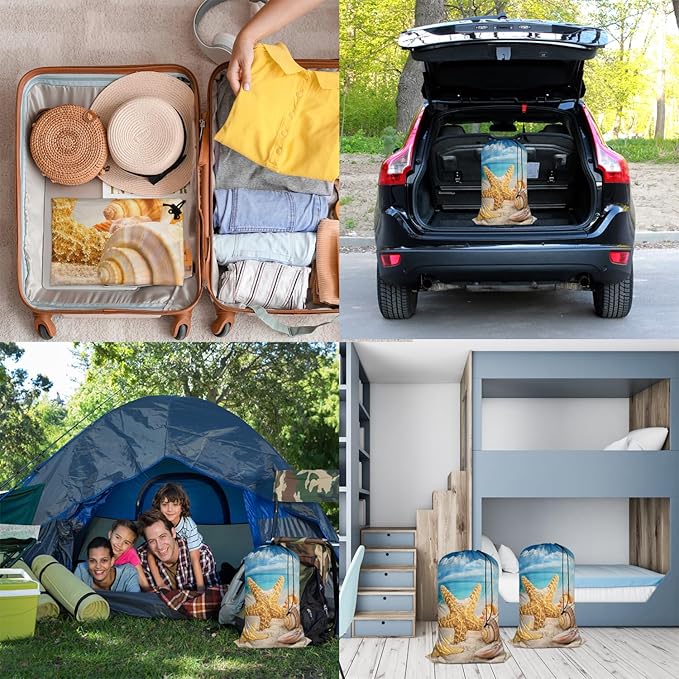 Swono Starfish Laundry Bags for Travel, College, Camping and Gym Seashells On The Beach Blue Sky Coast Shore 28" x 40", Polyester