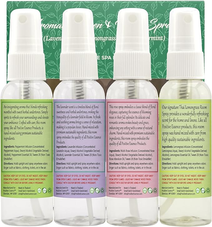 Linen and Room Spray Gift Set, (Lavender, Lemongrass, Rose, & Peppermint), Natural Air Freshener Made with Pure Essential Oils & Minimal Ingredients, Perfect Bathroom Spray or Room Mist, 4-Pack