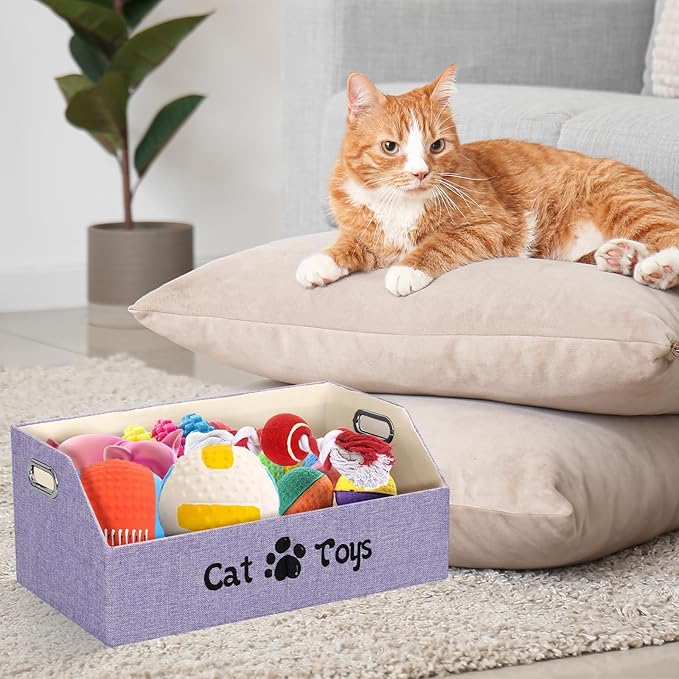 Cat Toy Basket, Kitten Toys Storage Organizer Foldable Fabric Bin Pet Supplies Chest Holder Trapezoid Container with Metal Handles for Organizing Cats Clothes Accessories, Purple