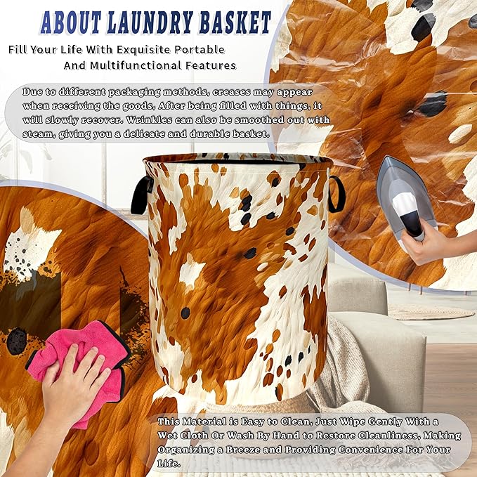 Vintage Cows Pattern Laundry Basket Foldable Cow Brown Cowhide Laundry Hamper With Handle Oxford Cloth Clothes Storage Organizer Basket 18.9"x16.5" Laundry Bag For Laundry Room/Bedroom/Bathrooms