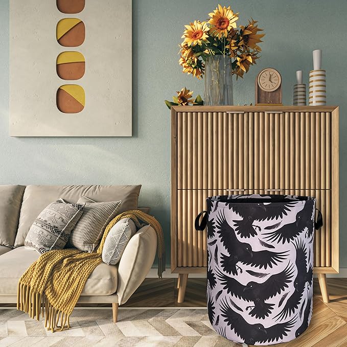 Black Birds With Feathers Laundry Hamper With Handles Foldable Oxford Cloth Goth Style Tote Bag Funny Laundry Basket Clothes Toy Storage Bucket 18.9"x16.5" For Bathroom/Laundry/Bedroom