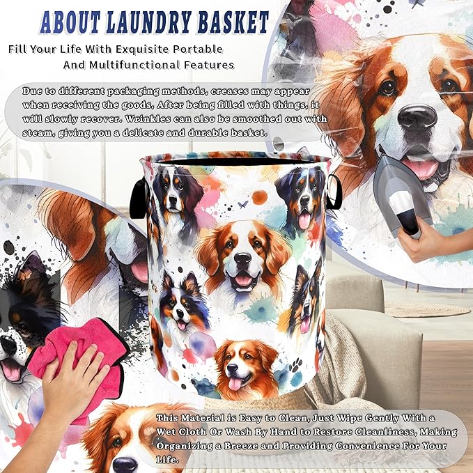 Watercolor Dogs Print Laundry Hamper Oxford Cloth Animals Paws Funny Dogs Laundry Basket With Handle Portable Clothes Storage Basket Foldable Laundry Bag 18.9"x16.5" For Laundry Room/Bedroom/Bathroom